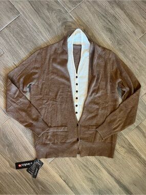 Classic Brown Shawl-Collar Cardigan with Cream Placket